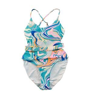 Palms Away Blue Tye Dye One Piece with Belt CrissCross Straps